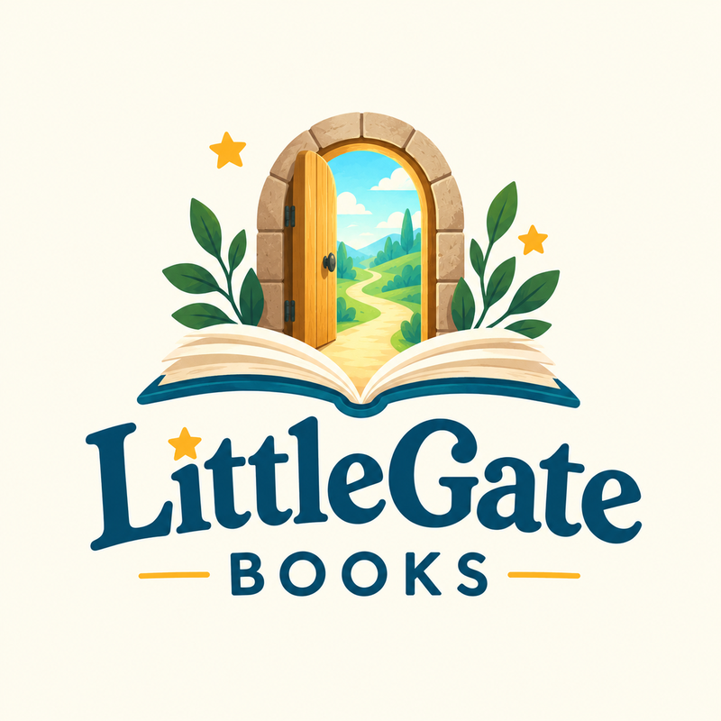 Little Gate Books: an open book with a stone gateway and a winding path
